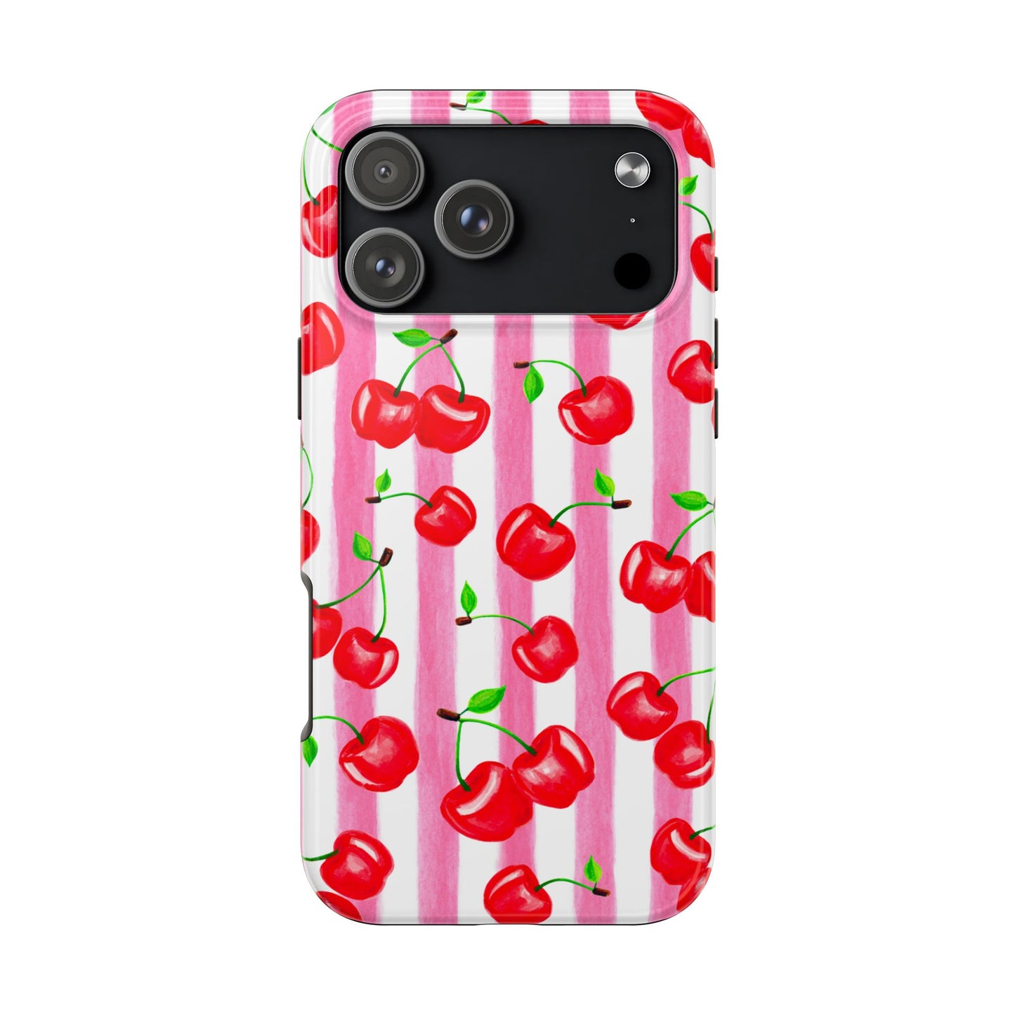Tossed Red Watercolor Cherries Illustrated Pattern Light Pink Stripes Tough Phone Case | Various Models