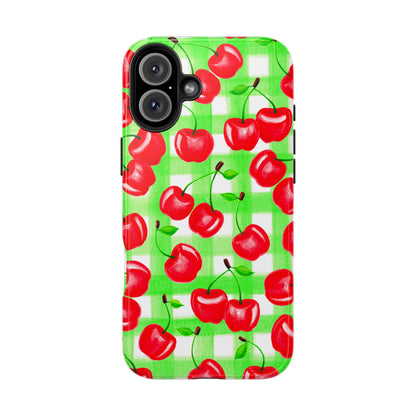 Red Tossed Cherries Green Gingham Watercolor Illustrated Tough Phone Case | Various Models Available