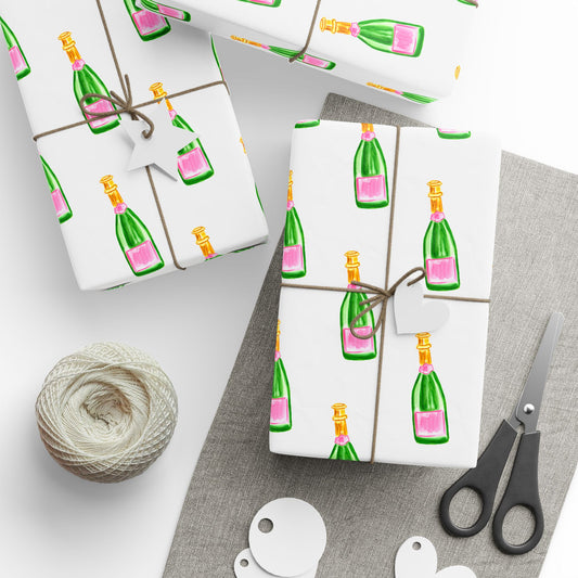 Gift Wrap | White Watercolor Pink & Green Champagne Bottles Pattern | Matte or Glossy 30" x 180" Glossy