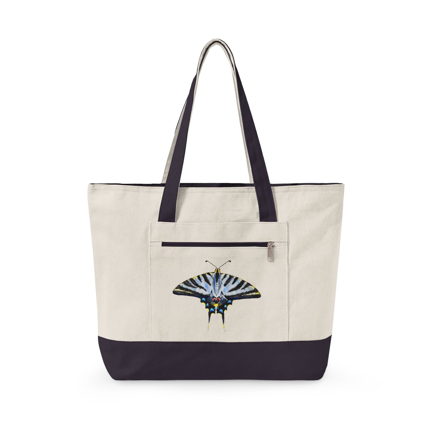 Light Blue Swallowtail Butterfly Watercolor Printed Zippered Canvas Tote 18" x 14" | Various Colors 18" x 14" x 4.5" Natural Navy