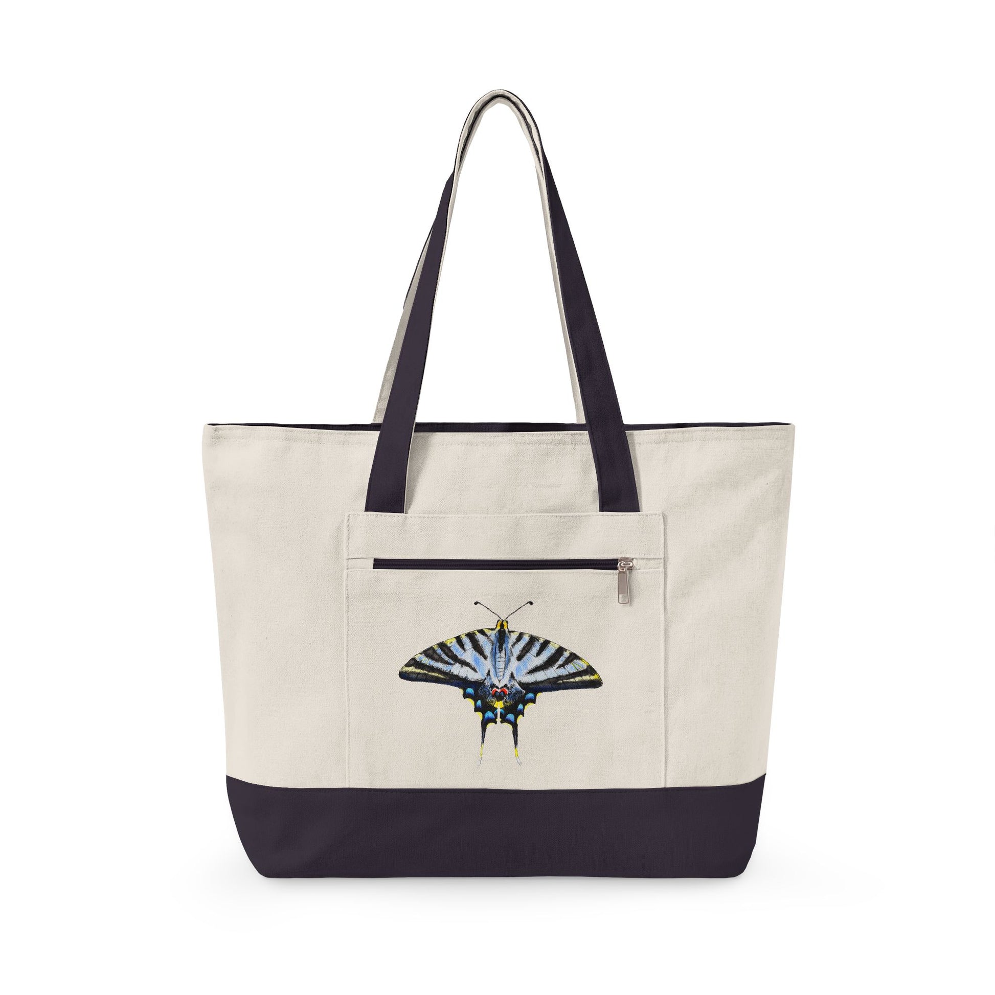 Light Blue Swallowtail Butterfly Watercolor Printed Zippered Canvas Tote 18" x 14" | Various Colors 18" x 14" x 4.5" Natural Navy