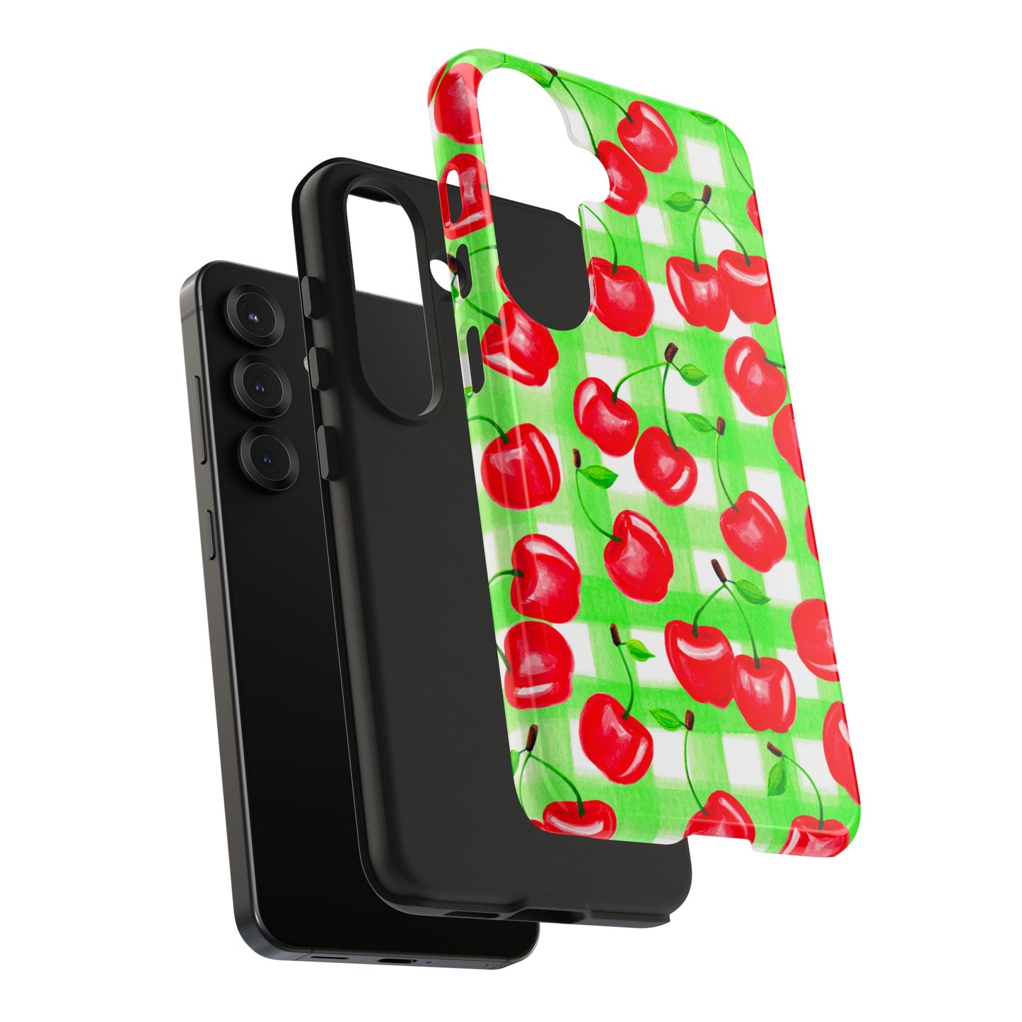 Red Tossed Cherries Green Gingham Watercolor Illustrated Tough Phone Case | Various Models Available