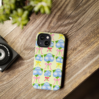 Blue Hydrangeas with Hot Pink, Yellow, Light Pink Bows Watercolor Illustrated Patterned Light Yellow Tough Phone Case | Various Models