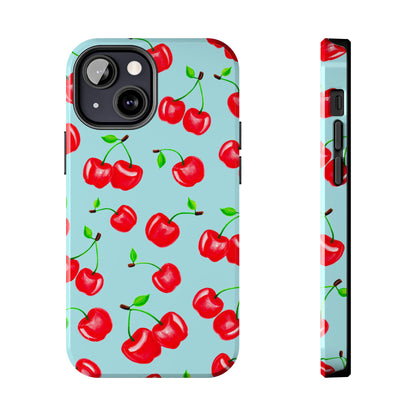 Tossed Red Watercolor Cherries Illustrated Pattern Bright Blue Tough Phone Case | Various Models