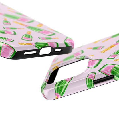 Tossed Pink and Green Watercolor Illustrated Champagne Bottles Pattern Blush Pink Tough Phone Case | Various Models