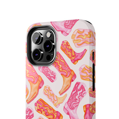 Tossed Hot Pink & Orange Watercolor Cowboy Boots Tough Light Pink Phone Case | Various Models Available