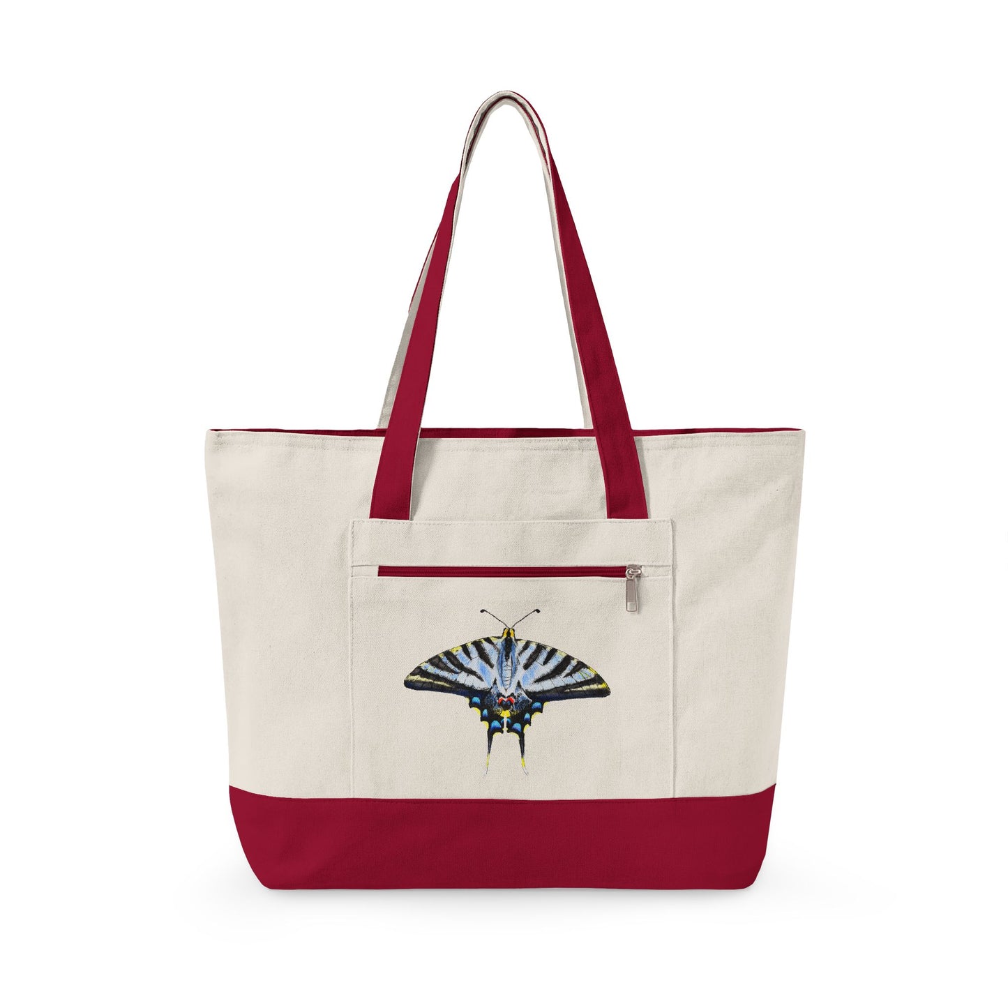 Light Blue Swallowtail Butterfly Watercolor Printed Zippered Canvas Tote 18" x 14" | Various Colors 18" x 14" x 4.5" Natural Red