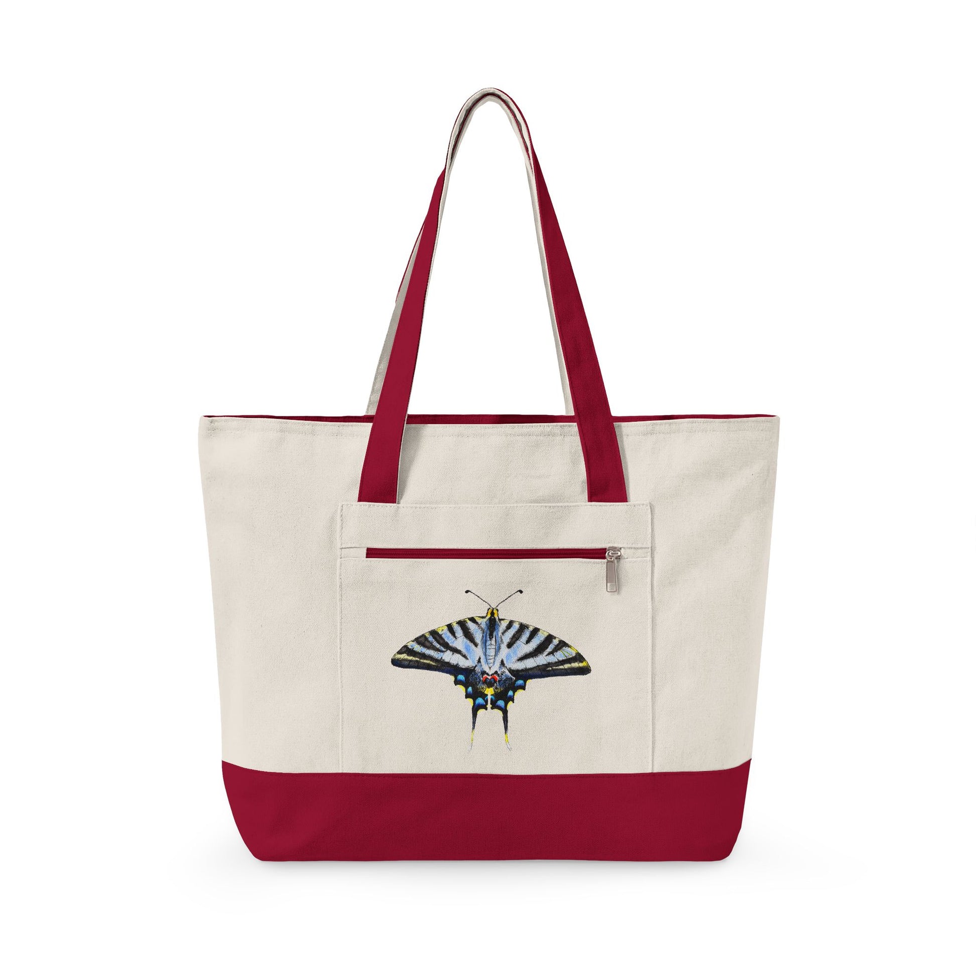 Light Blue Swallowtail Butterfly Watercolor Printed Zippered Canvas Tote 18" x 14" | Various Colors 18" x 14" x 4.5" Natural Red