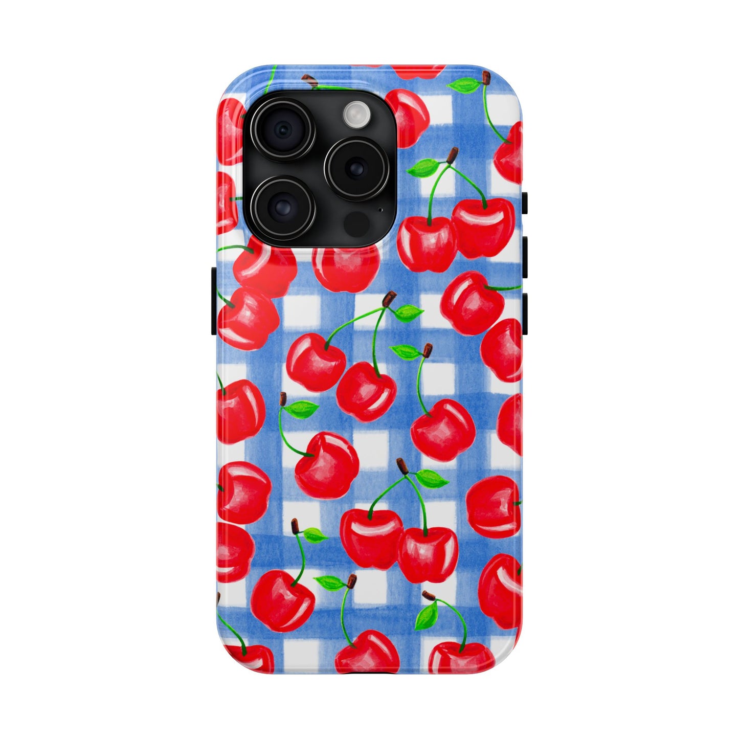 Tossed Red Cherries Blue Gingham Checkered Watercolor Illustrated Tough Phone Case | Various Models