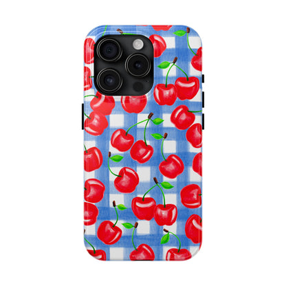 Tossed Red Cherries Blue Gingham Checkered Watercolor Illustrated Tough Phone Case | Various Models