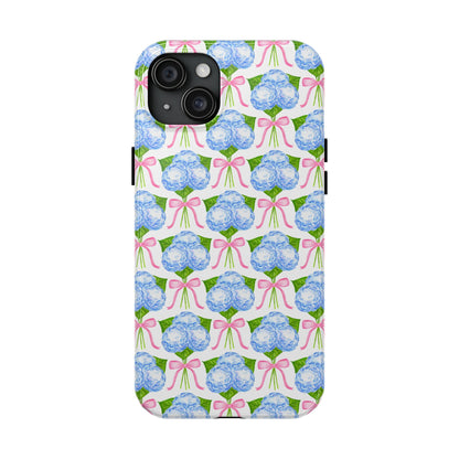 Blue Watercolor Hydrangea Bouqets with Light Pink Bows Watercolor Illustrated Patterned Tough Phone Case | Various Models
