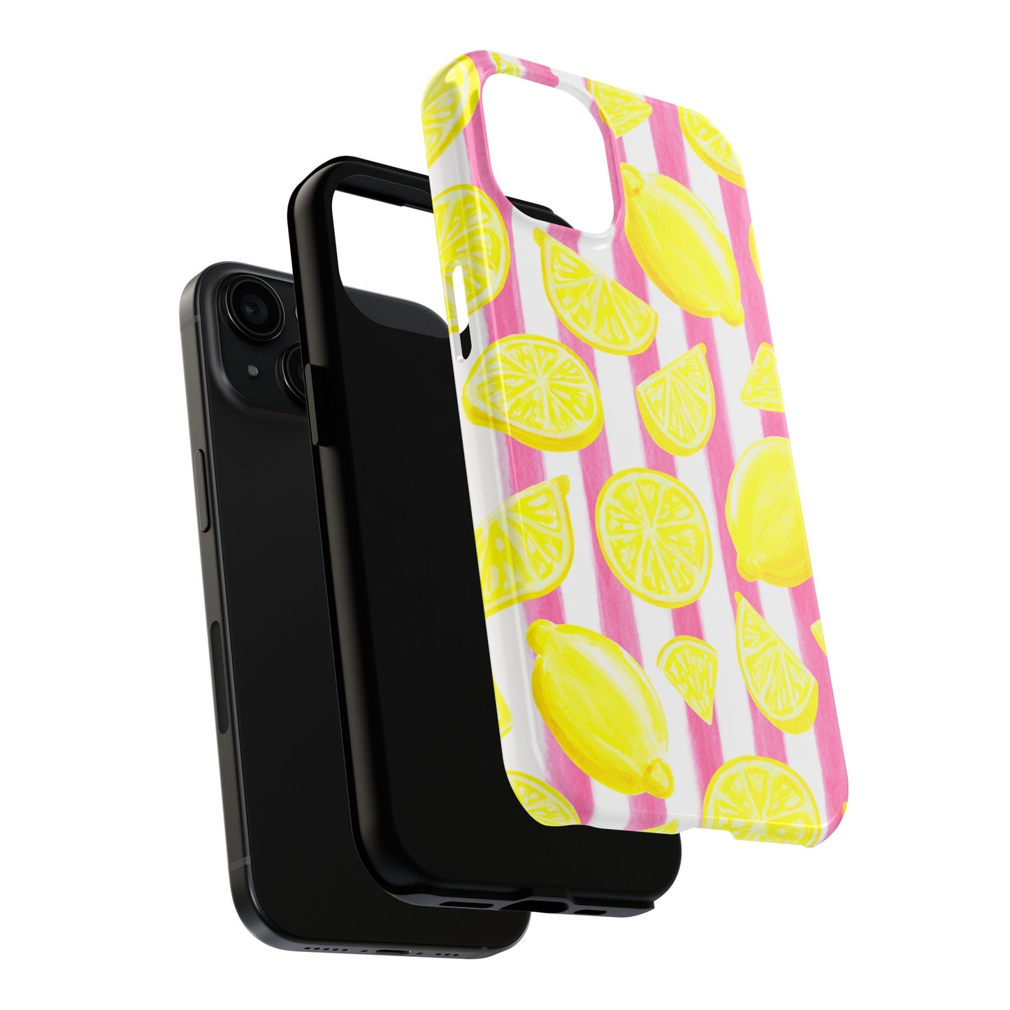 Pink Lemonade Yellow Lemons with Pink & White Watercolor Stripes Tough Phone Case