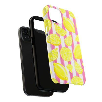 Pink Lemonade Yellow Lemons with Pink & White Watercolor Stripes Tough Phone Case