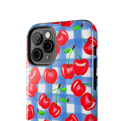 Tossed Red Cherries Blue Gingham Checkered Watercolor Illustrated Tough Phone Case | Various Models