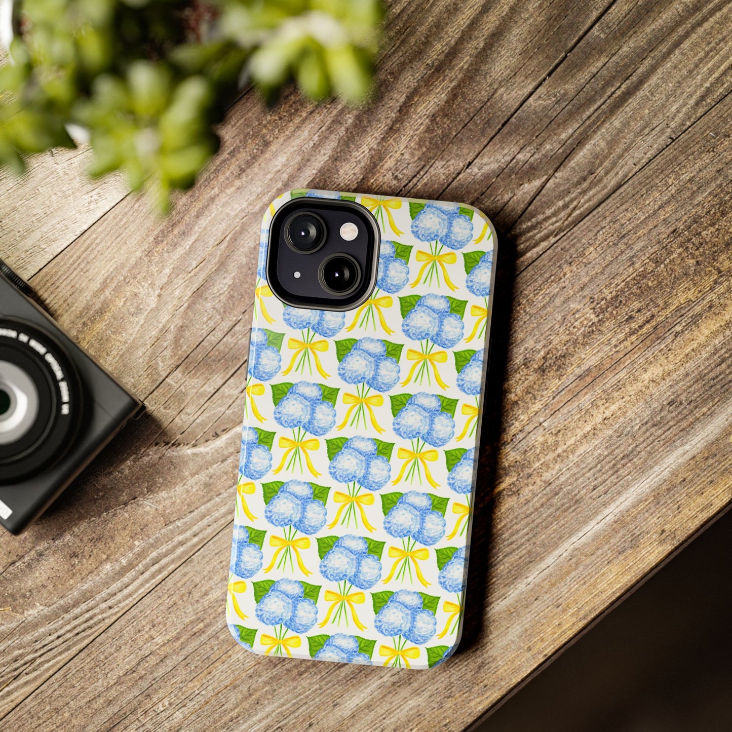 Blue Hydrangea Bouquets with Yellow Bow Ribbon Watercolor Illustrated Patterned Tough Phone Case | Various Models
