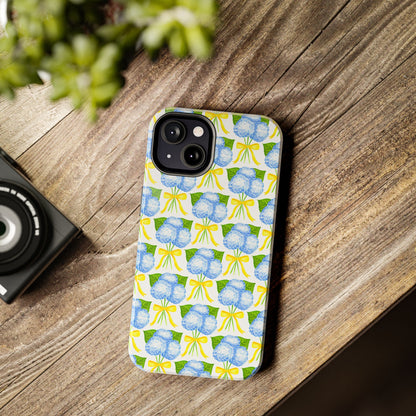 Blue Hydrangea Bouquets with Yellow Bow Ribbon Watercolor Illustrated Patterned Tough Phone Case | Various Models