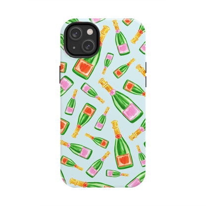 Tossed Pink and Green & Orange and Green Watercolor Illustrated Champagne Bottles Pattern Light Blue Tough Phone Case | Various Models