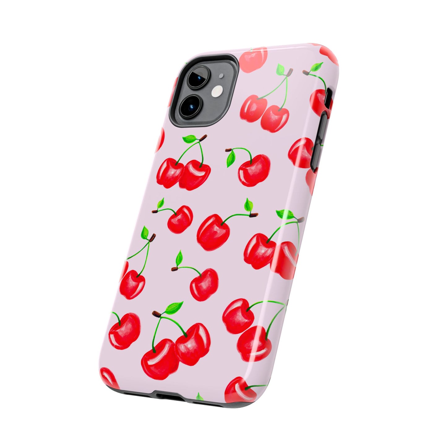 Tossed Red Watercolor Cherries Illustrated Pattern Light Pink Tough Phone Case | Various Models