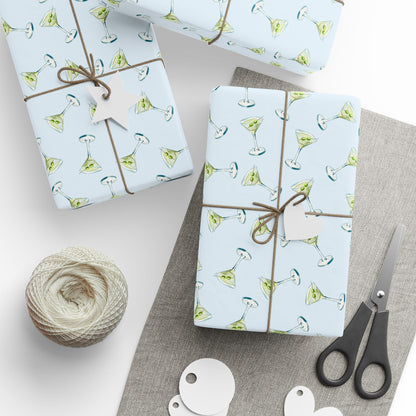 Gift Wrap| Mini Pale Blue Watercolor Martini Tossed Pattern | Matte or Glossy 30" x 180" Glossy