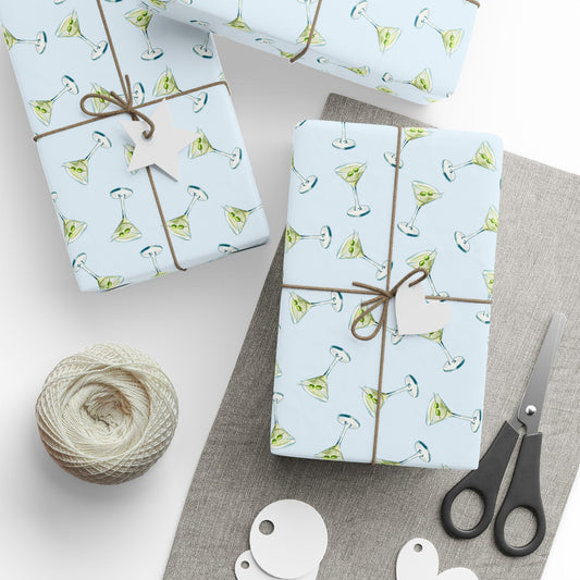 Gift Wrap| Mini Pale Blue Watercolor Martini Tossed Pattern | Matte or Glossy 30" x 180" Glossy