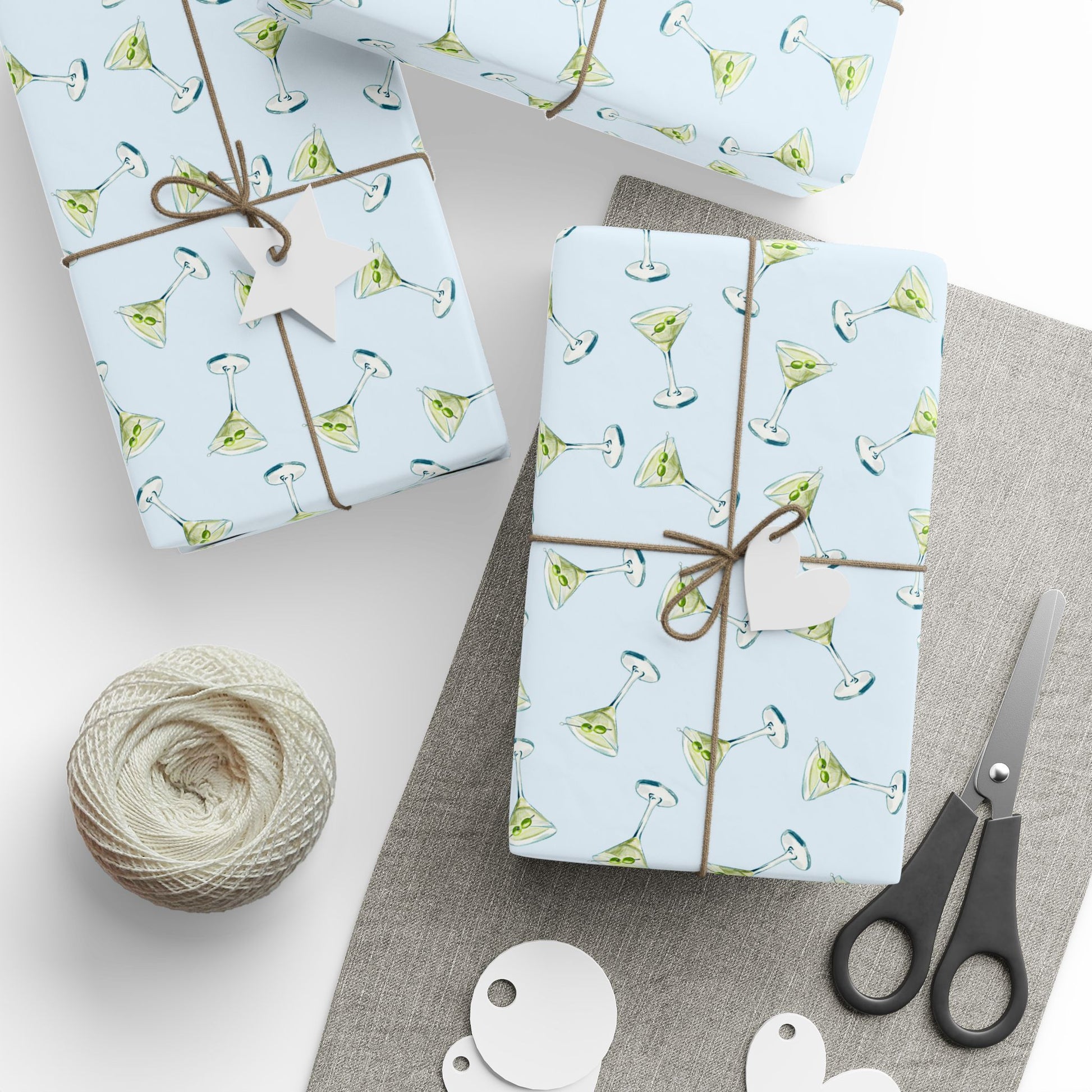 Gift Wrap| Mini Pale Blue Watercolor Martini Tossed Pattern | Matte or Glossy