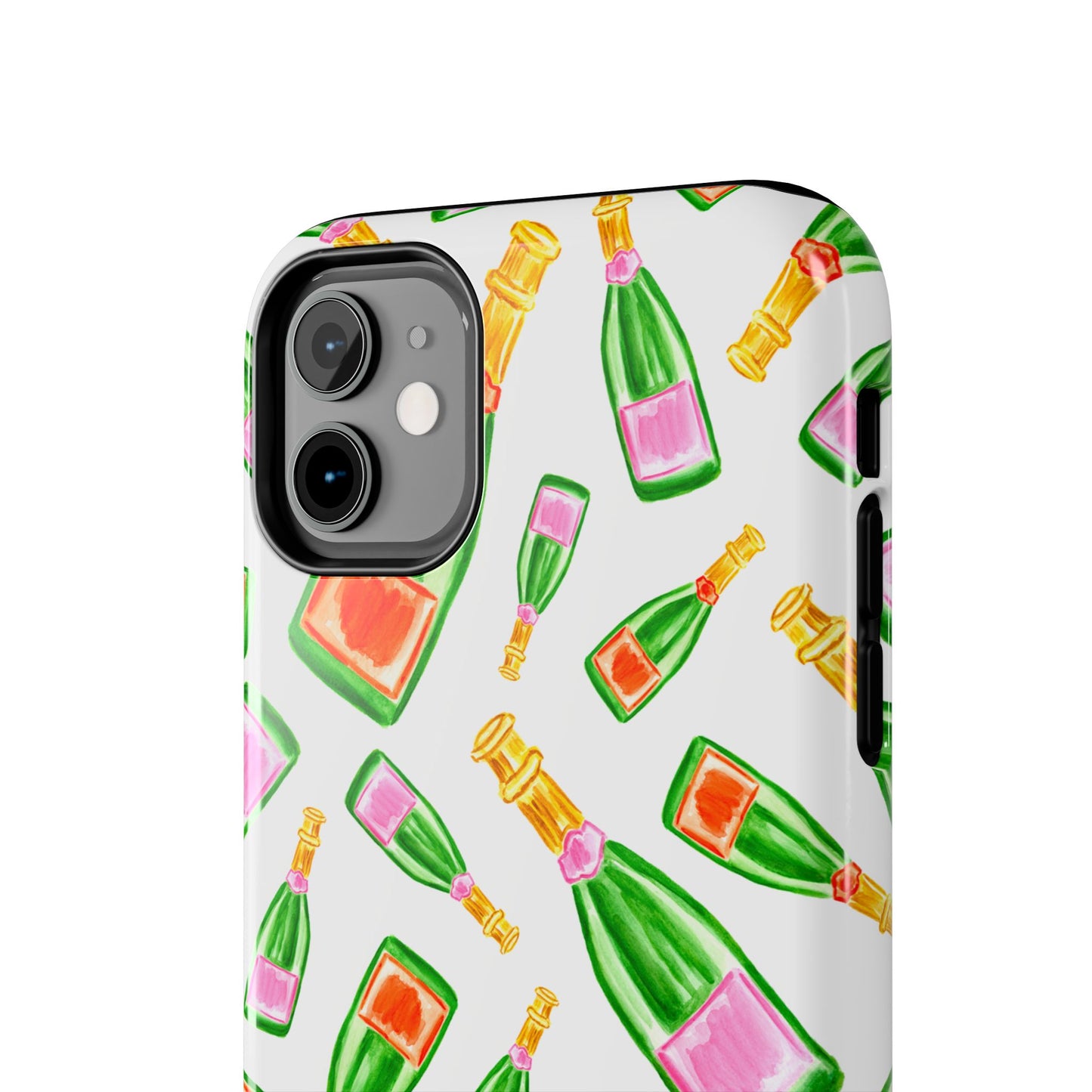 Tossed Pink and Green & Orange and Green Watercolor Illustrated Champagne Bottles Pattern Tough Phone Case | Various Models