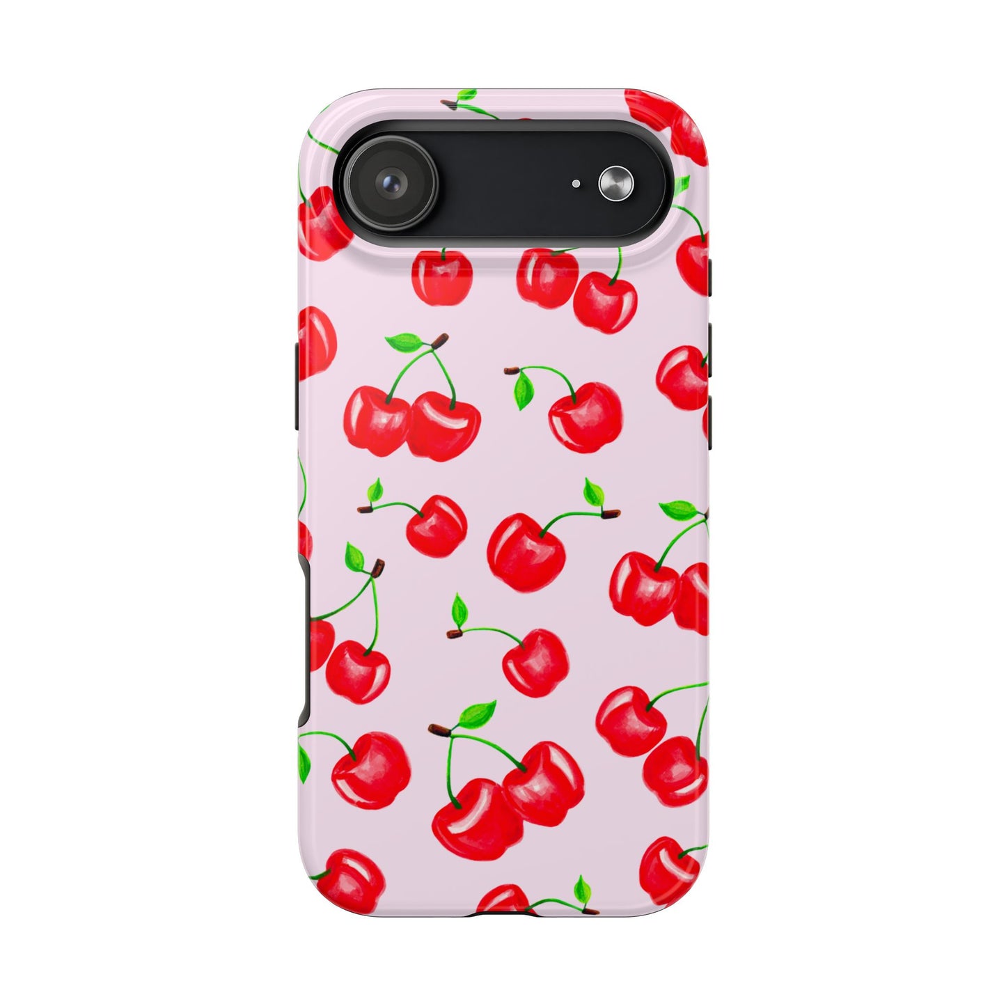 Tossed Red Watercolor Cherries Illustrated Pattern Light Pink Tough Phone Case | Various Models