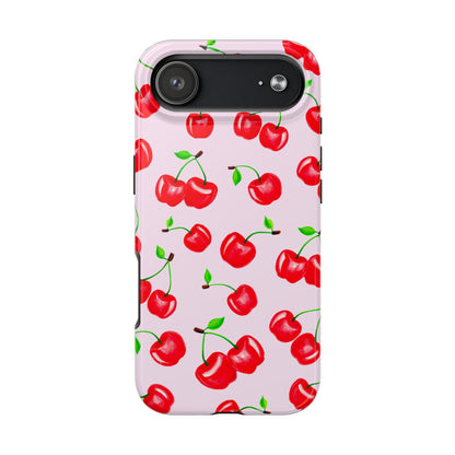 Tossed Red Watercolor Cherries Illustrated Pattern Light Pink Tough Phone Case | Various Models