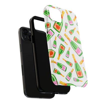 Tossed Pink and Green & Orange and Green Watercolor Illustrated Champagne Bottles Pattern Tough Phone Case | Various Models