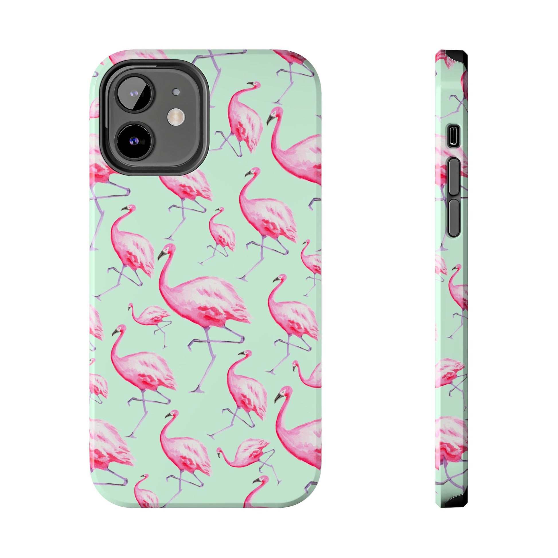 Pink Flamingos Watercolor Illustrated Tossed Pattern Green Phone Case | Various Models iPhone 12