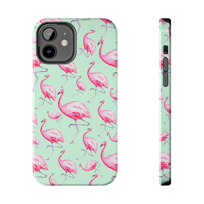 Pink Flamingos Watercolor Illustrated Tossed Pattern Green Phone Case | Various Models iPhone 12
