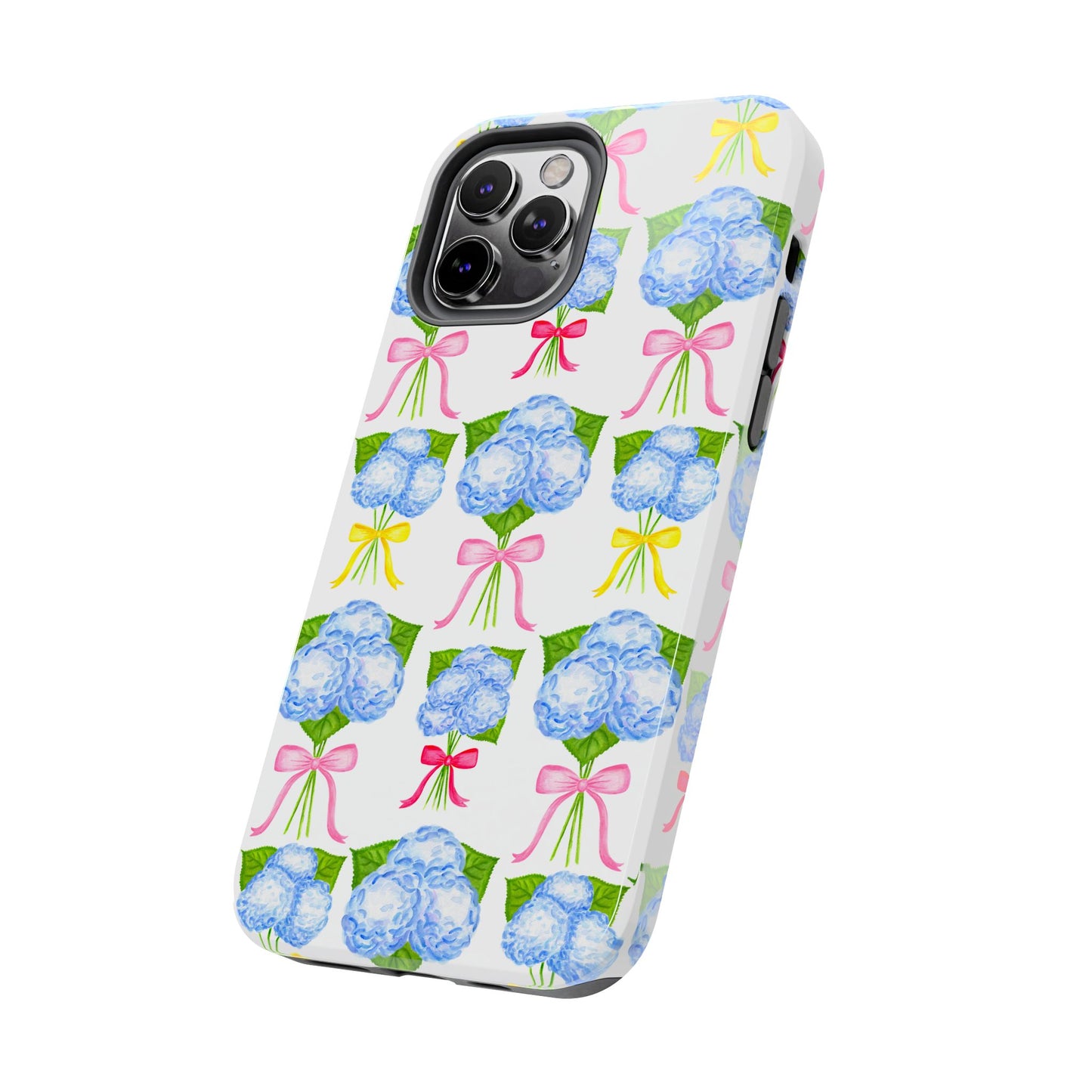 Blue Hydrangeas with Hot Pink, Yellow, Light Pink Bows Watercolor Illustrated Patterned Tough Phone Case | Various Models