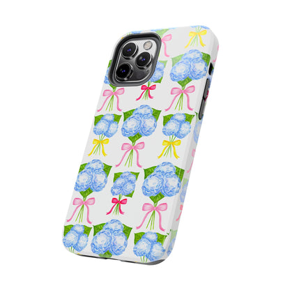 Blue Hydrangeas with Hot Pink, Yellow, Light Pink Bows Watercolor Illustrated Patterned Tough Phone Case | Various Models