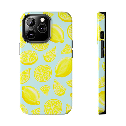 Bright Yellow Lemons Watercolor Illustrated Tossed Pattern Light Blue Tough Phone Case | Various Models