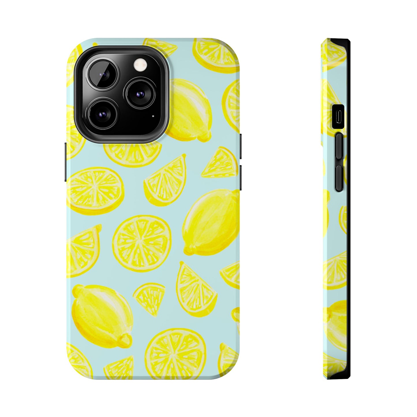 Bright Yellow Lemons Watercolor Illustrated Tossed Pattern Light Blue Tough Phone Case | Various Models