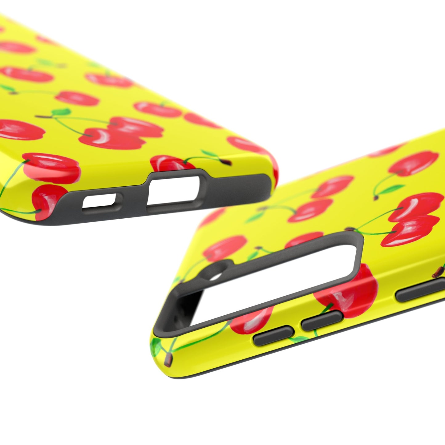 Tossed Red Watercolor Cherries Illustrated Pattern Bright Yellow Tough Phone Case | Various Models