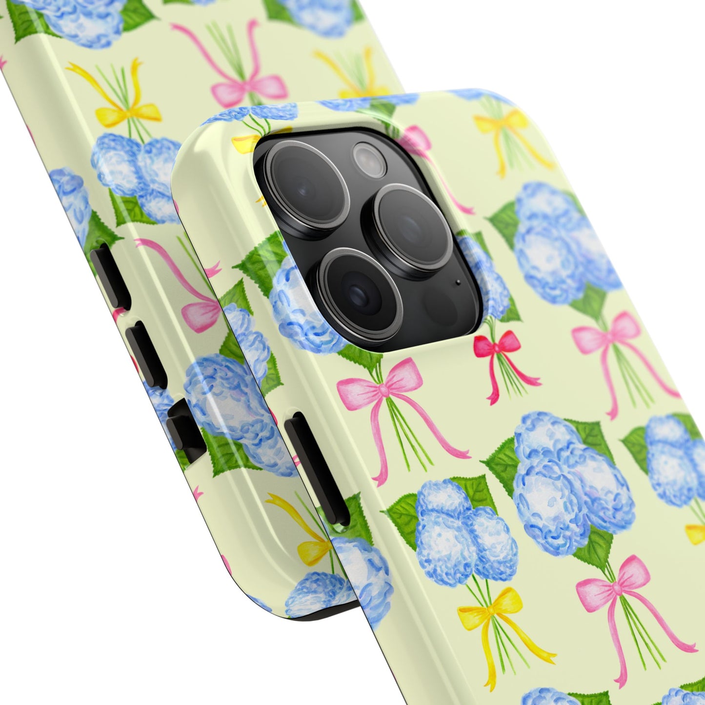 Blue Hydrangeas with Hot Pink, Yellow, Light Pink Bows Watercolor Illustrated Patterned Light Yellow Tough Phone Case | Various Models