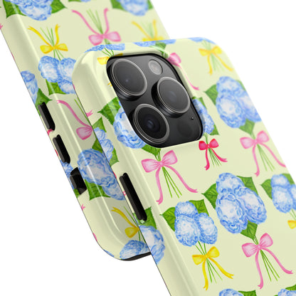 Blue Hydrangeas with Hot Pink, Yellow, Light Pink Bows Watercolor Illustrated Patterned Light Yellow Tough Phone Case | Various Models