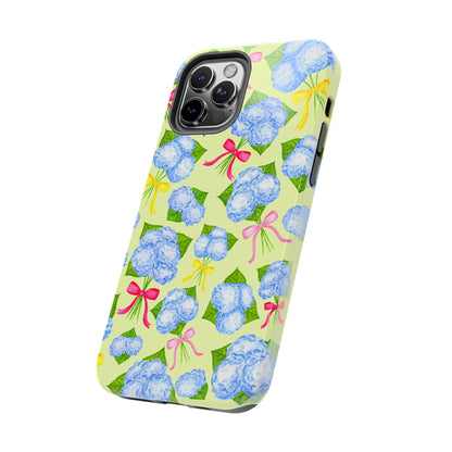 Blue Watercolor Hydrangea Bunches with Hot Pink, Yellow, Light Pink Bows Illustrated Patterned Yellow Tough Phone Case | Various Models