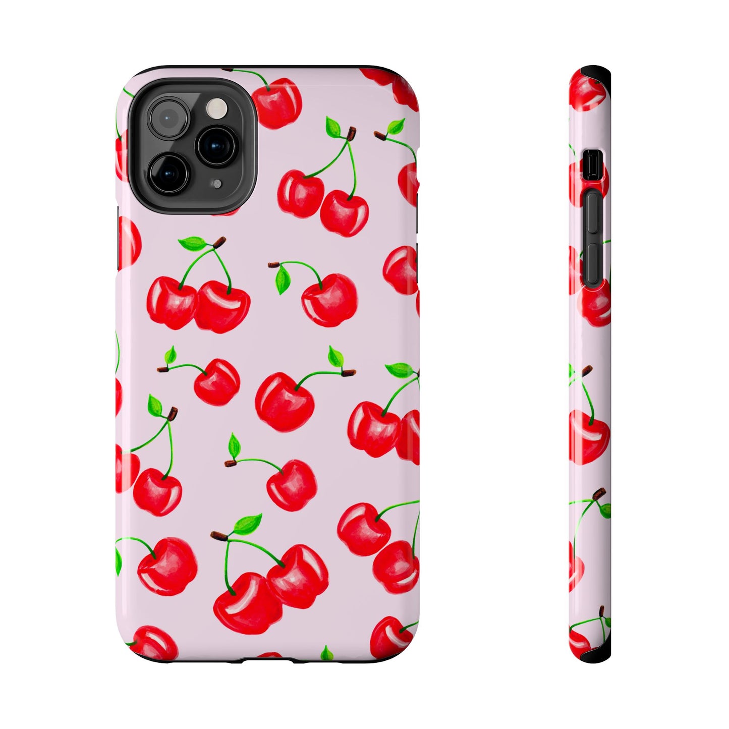 Tossed Red Watercolor Cherries Illustrated Pattern Light Pink Tough Phone Case | Various Models