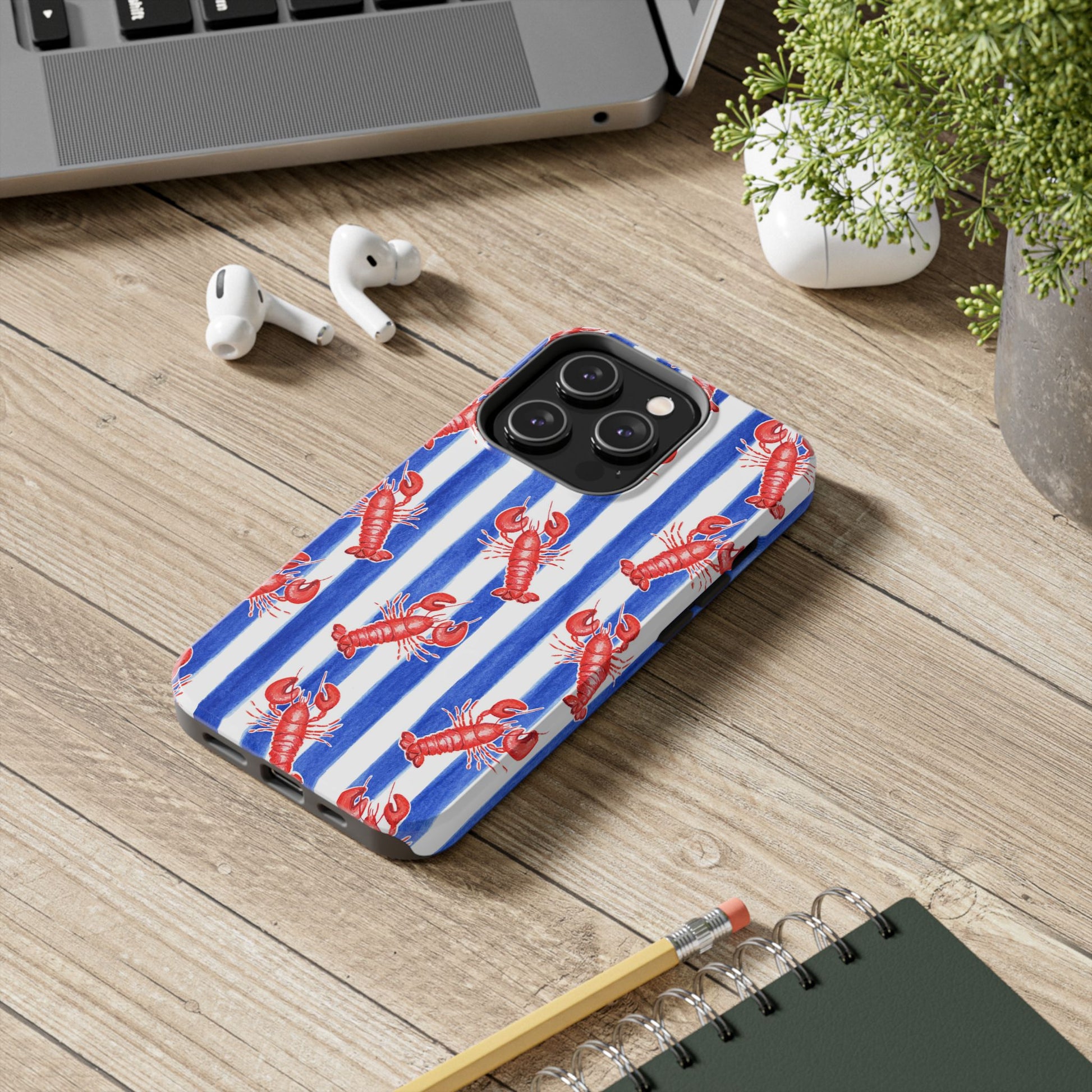 Blue & White Strip Red Lobster Watercolor Patterned Phone Case | Various Models