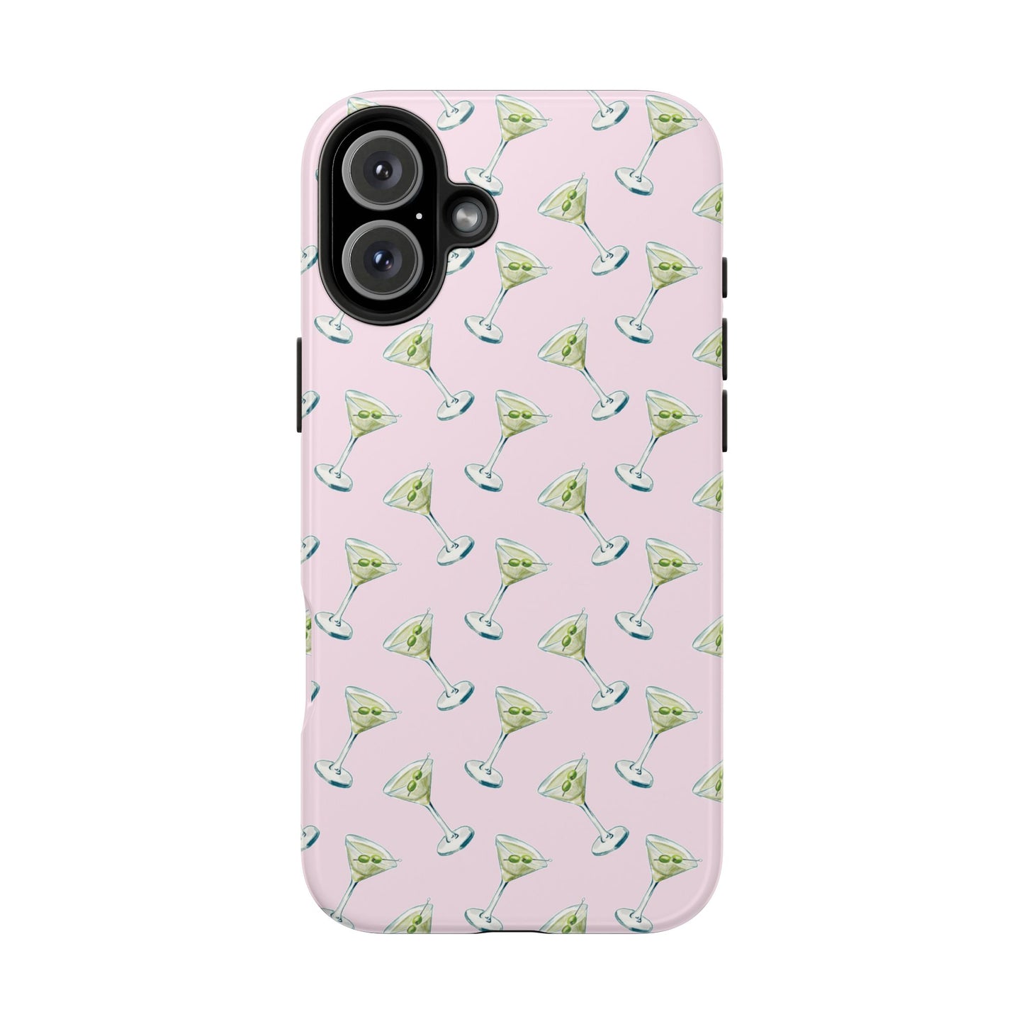 Light Pink Mini Martini Watercolor Illustrated Tossed Pattern Tough Phone Case | Various Models Available iPhone 16 Plus