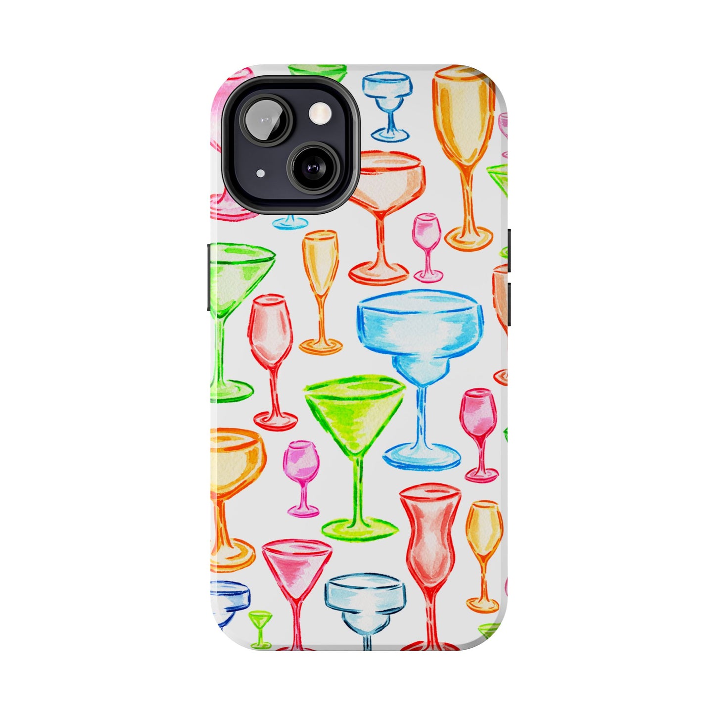 Monochromatic Margarita, Wine, Martini, and Champagne Flute Cocktail Glasses Watercolor Illustrated Tough Phone Case | Various Models Available