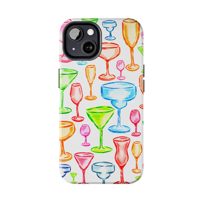 Monochromatic Margarita, Wine, Martini, and Champagne Flute Cocktail Glasses Watercolor Illustrated Tough Phone Case | Various Models Available