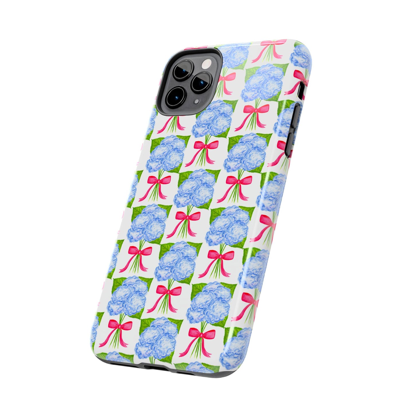 Blue Watercolor Hydrangea Bouquets with Hot Pink Bows Illustrated Patterned Tough Phone Case | Various Models