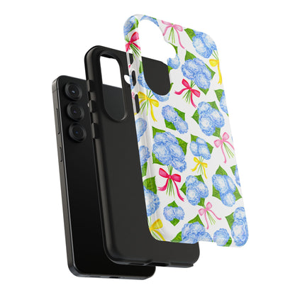 Blue Watercolor Hydrangea Bunches with Hot Pink, Yellow, Light Pink Bows Illustrated Patterned Tough Phone Case | Various Models