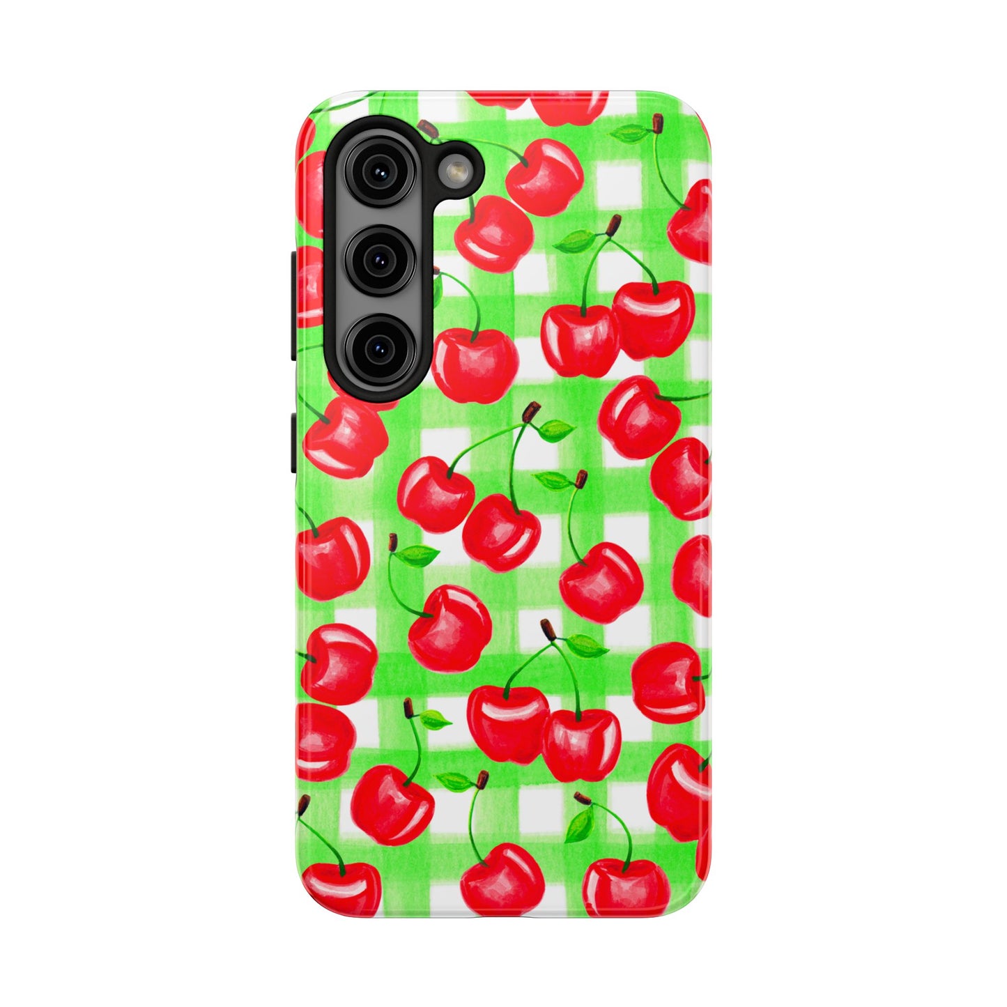 Red Tossed Cherries Green Gingham Watercolor Illustrated Tough Phone Case | Various Models Available