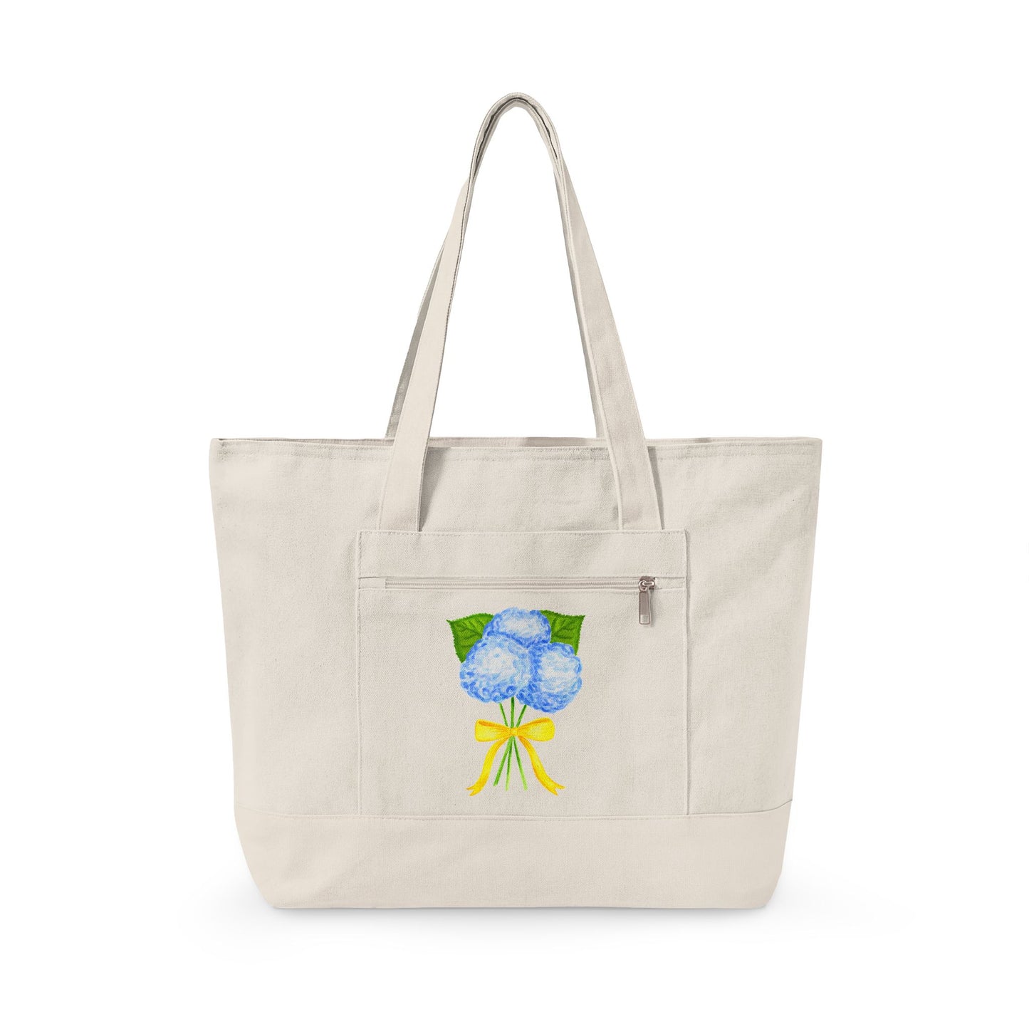 Blue Watercolor Hydrangeas with Yellow Bow Illustration Printed Zippered Canvas Tote 18" x 14" | Various Colors