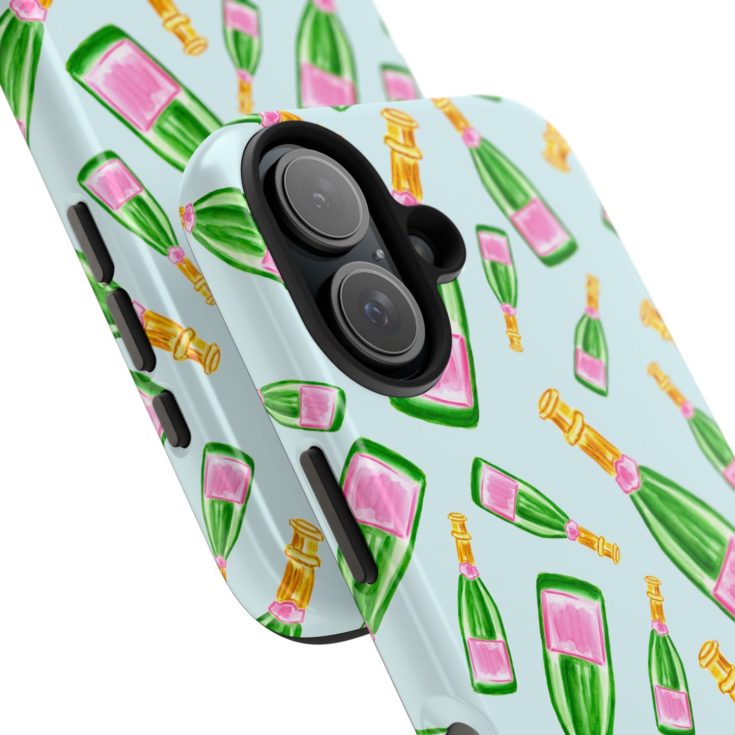 Tossed Pink and Green Watercolor Illustrated Champagne Bottles Pattern Light Blue Tough Phone Case | Various Models