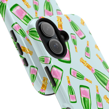 Tossed Pink and Green Watercolor Illustrated Champagne Bottles Pattern Light Blue Tough Phone Case | Various Models